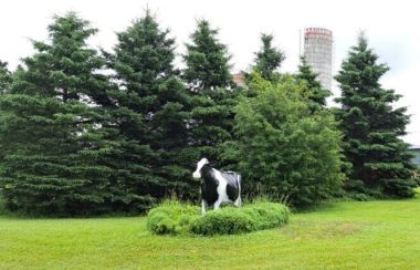 Une statue de vache à lait devant des arbres et une ferme