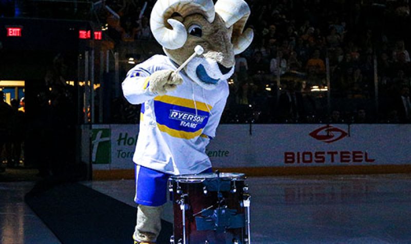 A Ram mascot costume drums while standing on an ice hockey rink