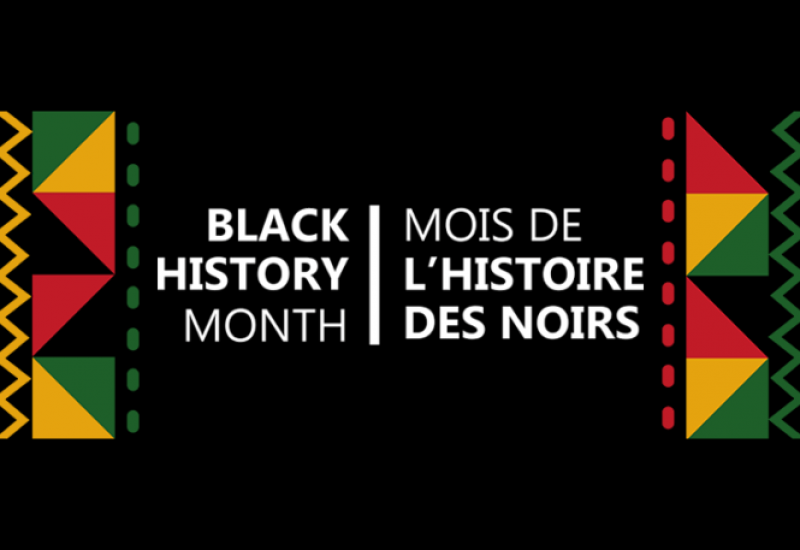 Black History Month is written in white text on a black background with pan-African colours on either side of the text.