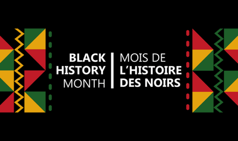 Black History Month is written in white text on a black background with pan-African colours on either side of the text.