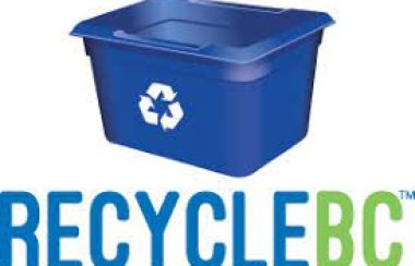 A Recycle BC logo with a grapgic of a blue bin with a white triangle recycling logo on it.