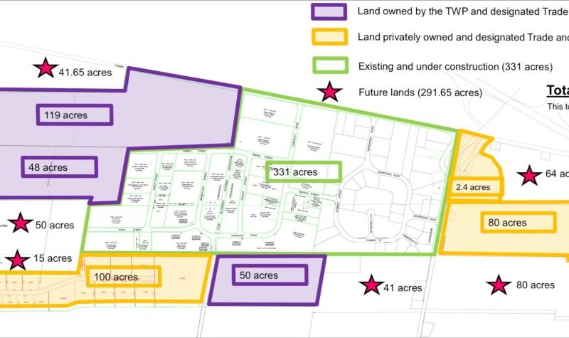 A rough map of an area of Russell Township is marked with purple, yellow, or green shading, and some properties have red stars on them. The purple areas are agricultural lands which the township wishes to rezone as industrial. This is the first map showing the true extent of the industrial expansion plans by the Mayor of Russell Township. It was revealed publicly in May, 2023, after public comment periods were over.