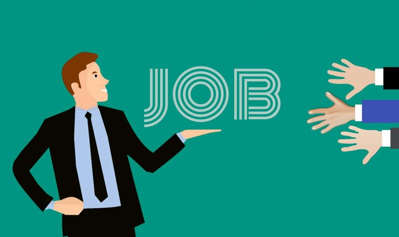 A digital illustration of a man in a suit with the word job next to him, with outstreached hands on the other side.