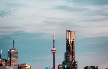 Buildings against a background of an approaching evening night.