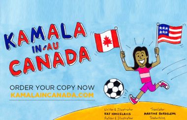 Un dessin de Kamala en jeune fille qui tient les drapeaux du Canada et les États-Unis avec le titre de la BD.