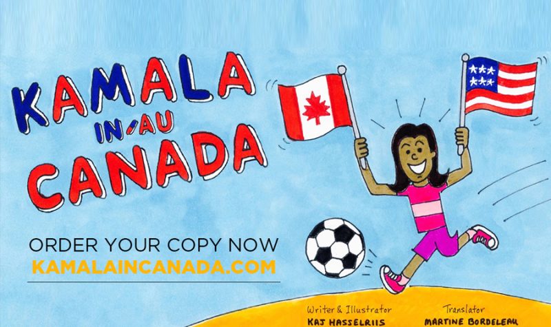 Un dessin de Kamala en jeune fille qui tient les drapeaux du Canada et les États-Unis avec le titre de la BD.