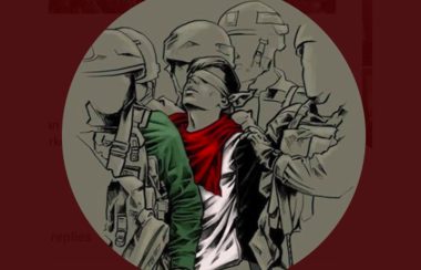 An illustration of a blind folded man wearing a red bandana, a white shirt and a black hoodie surrounded by police officers in helmets and vests. One of the officers' has a green sleeve. The bandana, white t-shirt, hoodie and green sleeves are the only coloured parts of the illustration and form the Palestinian flag.