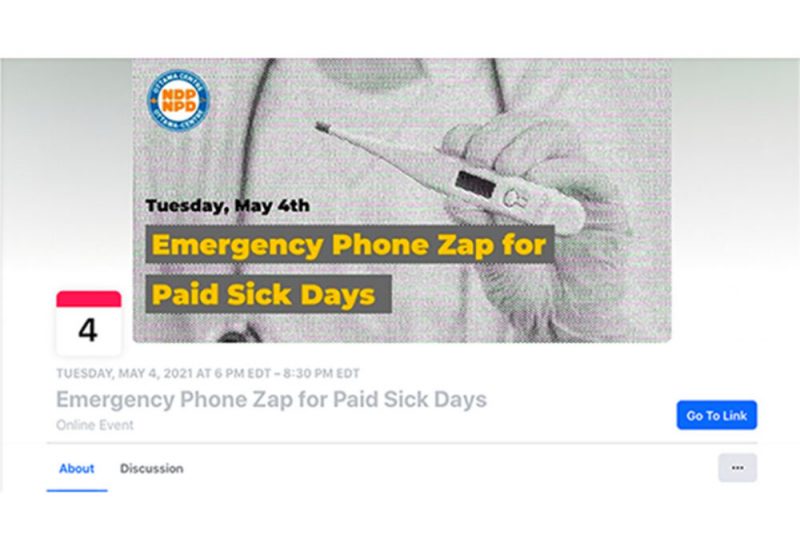 A screenshot of the Facebook event for the paid sick days phone zap. A black and white image of a doctor holding a thermometer is set as the heading for this event. Over the image is the text, 