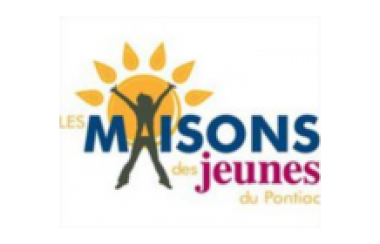 Th logo of the Pontiac Maison des jeunes, featuring a child leaping as the A in Maison, with a yellow sun in the background.