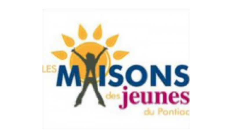 Th logo of the Pontiac Maison des jeunes, featuring a child leaping as the A in Maison, with a yellow sun in the background.