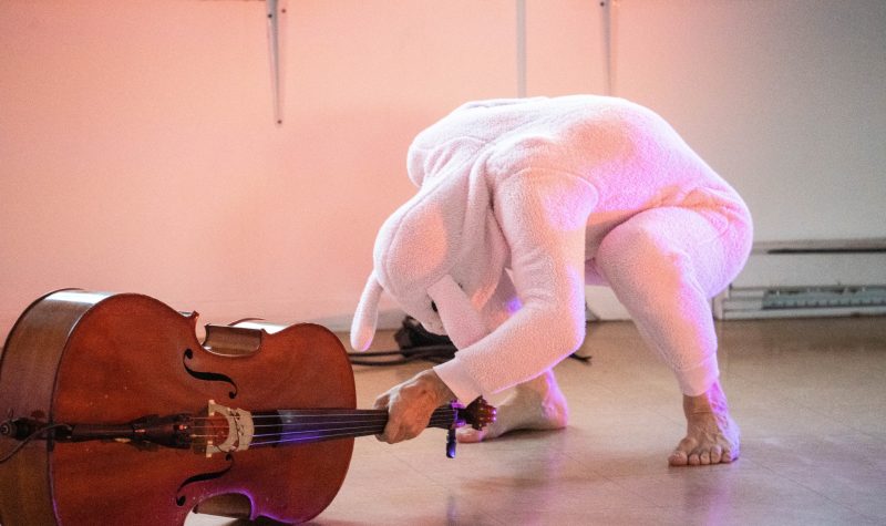 Une personne habillée avec un costume de lapin rose, tête baissée et pieds nus, tient une violoncelle par le manche.