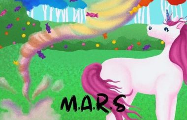 An illustrated children's book cover, featuring a unicorn facing a tornado of candy.