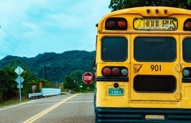 On peut voir l'arrière d'un autobus scolaire arrêtée sur une route de campagne. Le « panneau d’arrêt » de l'autobus est activé. En arrière-plan on peut voir un paysage rural.
