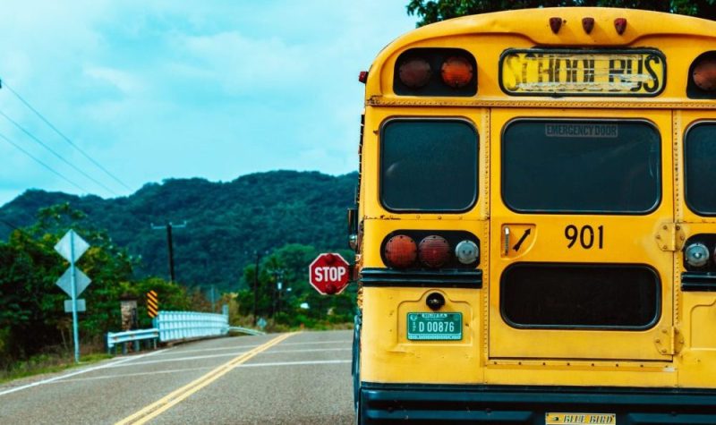 On peut voir l'arrière d'un autobus scolaire arrêtée sur une route de campagne. Le « panneau d’arrêt » de l'autobus est activé. En arrière-plan on peut voir un paysage rural.