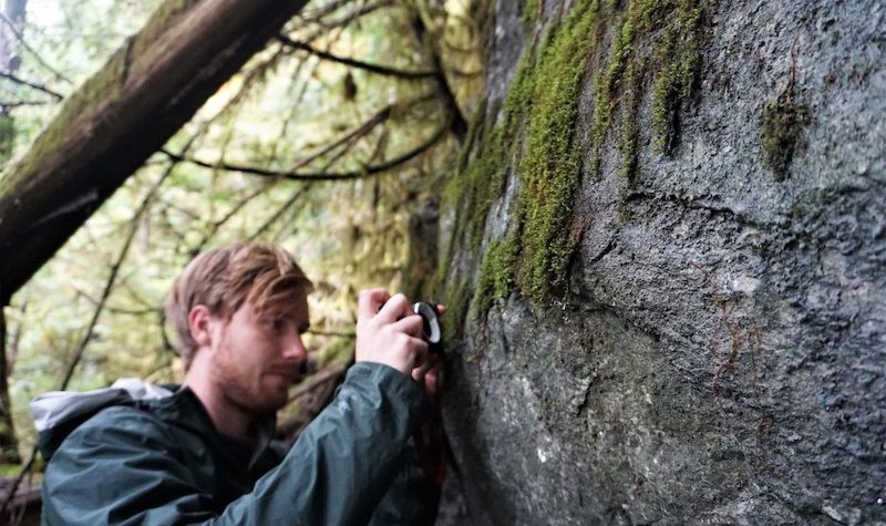 A young man takes a photo of moss growing on a large rock.