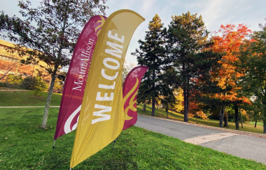 Mount Allison's red and yellow welcome flags on a lawn at the university. There are trees in the background.