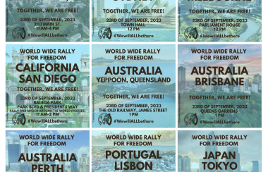 A 3X3 grid of announcements for freedom rallies in Australia, Canada, Japan, Portugal and California.