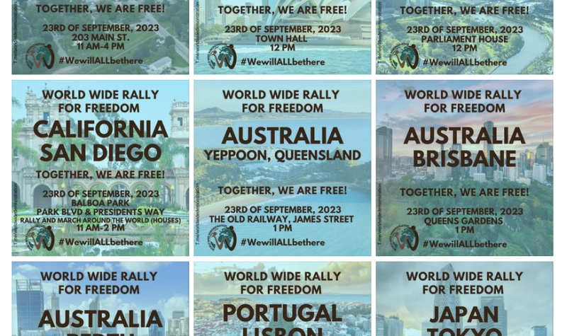 A 3X3 grid of announcements for freedom rallies in Australia, Canada, Japan, Portugal and California.