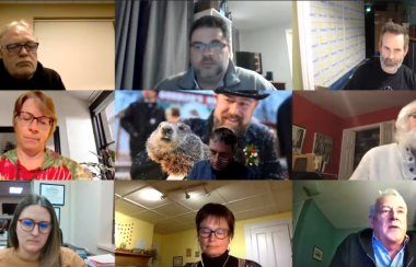 screen cap of a video conference, with 3X3 grid of faces