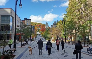 People walk up a pedestrian street on McGill campus. The sky is blue with clouds, and in the background, the leaves on the trees are starting to turn.