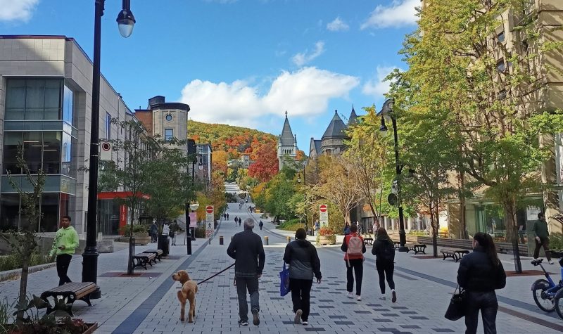 People walk up a pedestrian street on McGill campus. The sky is blue with clouds, and in the background, the leaves on the trees are starting to turn.