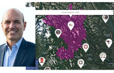 Side by side photos of a headshot of Nathan Cullen on the left next to a green map with a purple outline of an area in northern BC.