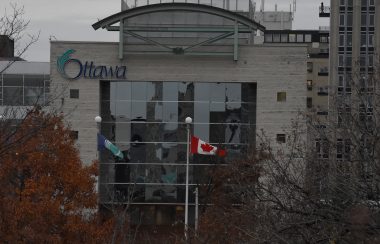 Ottawa City Hall is seen from the front on a cloudy day.