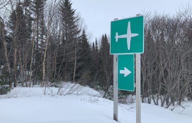 Une affiche verte plantée dans la neige indiquant un avion avec une flèche vers la droite, devant un mur d'arbres dégarnis.