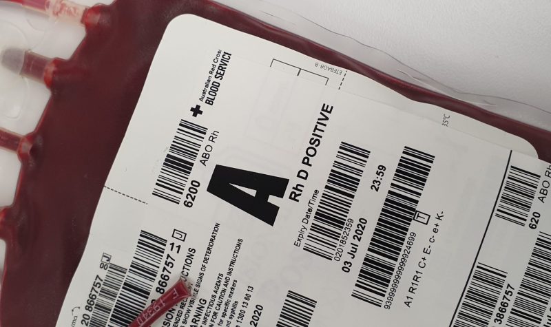 Photo of a blood bag, Blood A positive type.