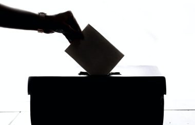 a black and white photo of a hand putting a ballot into a box