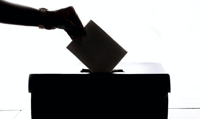 a black and white photo of a hand putting a ballot into a box