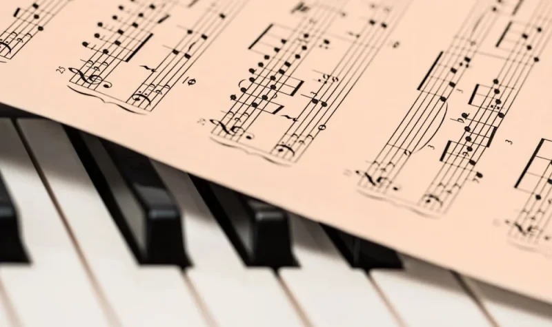 Une feuille de notes de musique sur un piano.