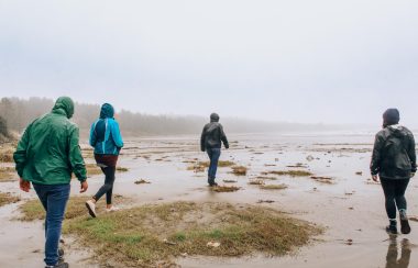 Four students in raincoats walk on a foggy ocean beach for a walking lesson.