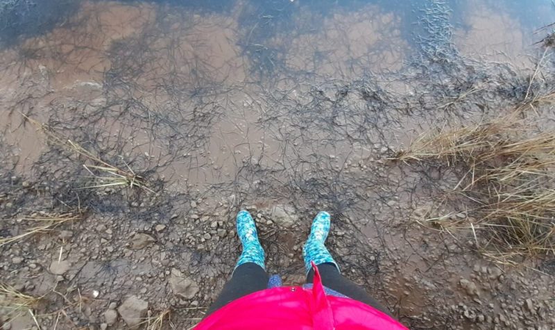 Le bas du corps et les pieds d'une personne portant des bottes de pluie bleues debout dans de la boue