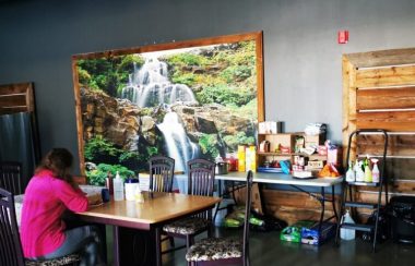 Une femme est assis à une table devant un tableau montrant la nature. Il y a une table avec de la nourriture contre le mur.