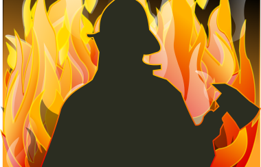 A drawing of a firefighter silhouetted against flames.