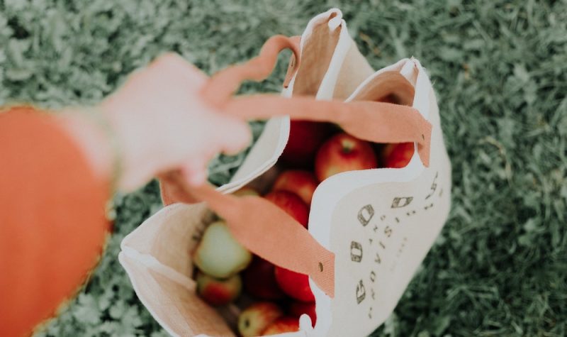 A hand is holding a printed burlap shopping bag with apples.