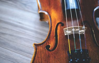 A close-up of a fiddle against a grey background