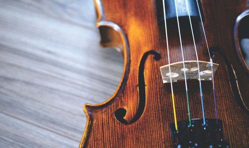A close-up of a fiddle against a grey background