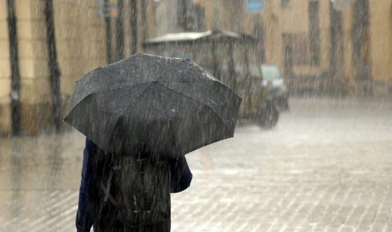 individu de dos avec un blouson noir et un parapluie noir qui marche sur une voie pavée dehors sous la pluie