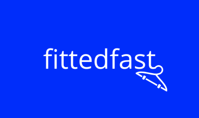 Fittedfast lettering with illustrated clothes hanger hanging off the last letter.