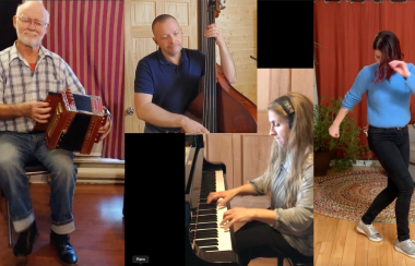 Un collage de quatre artistes. Un accordéoniste, un bassiste, une pianiste et une danseuse.