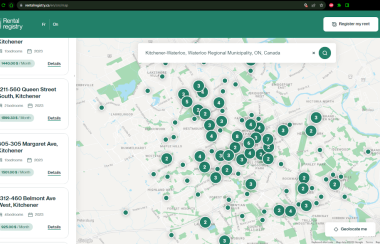 A screenshot from rentalregistry.ca. The webpage is split 15% on the left with a list of rental addresses and their prices near the radio station in Waterloo Region. To the right of that is a google map taking up the rest of the window with all of the locations in the database within the maps boundaries, showing up as clusters of different sized green dots.
