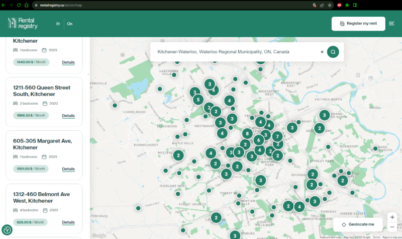 A screenshot from rentalregistry.ca. The webpage is split 15% on the left with a list of rental addresses and their prices near the radio station in Waterloo Region. To the right of that is a google map taking up the rest of the window with all of the locations in the database within the maps boundaries, showing up as clusters of different sized green dots.