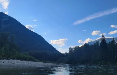 A landscape picture of a river, mountains and trees.