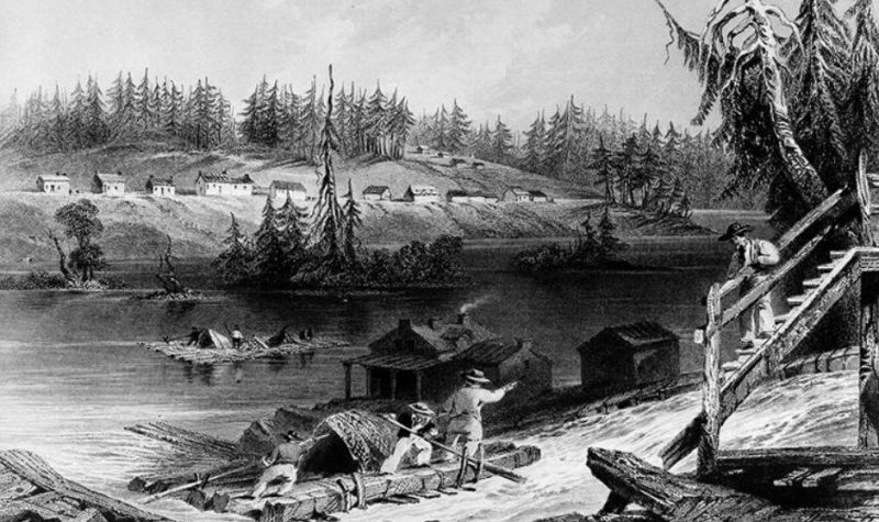 A black and white depiction of the Chats Falls region of the Ottawa River.