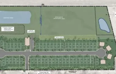 A green area contains a design for housing planned out in a blueprint-type format.