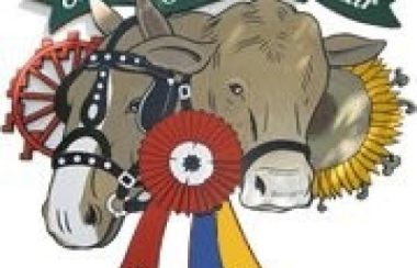 The logo of the Shawville Fair, containing a horse head, a cow head, a ferris wheel and a sunflower.