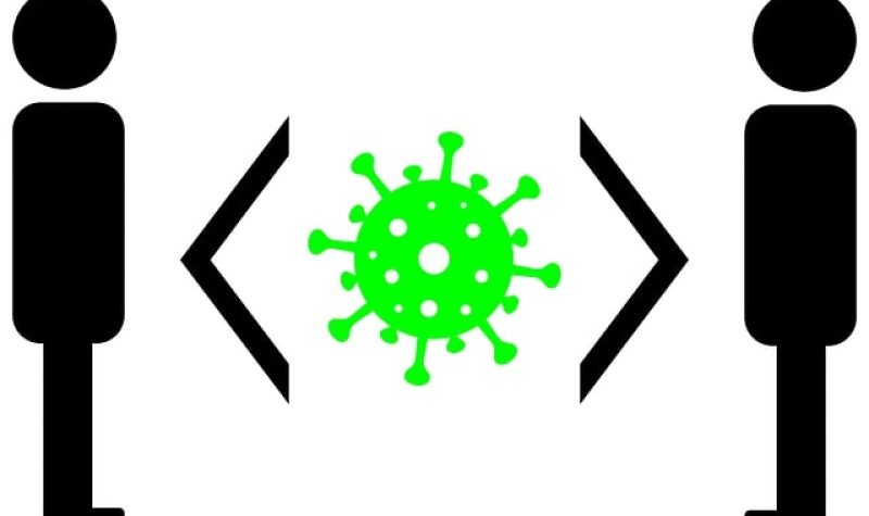 Une infographie montrant deux silhouettes aux extrémités de l'image et au centre une représentation du coronavirus.