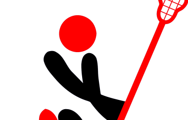 Red and black silhouette of a stick figure with a lacrosse stick in hands